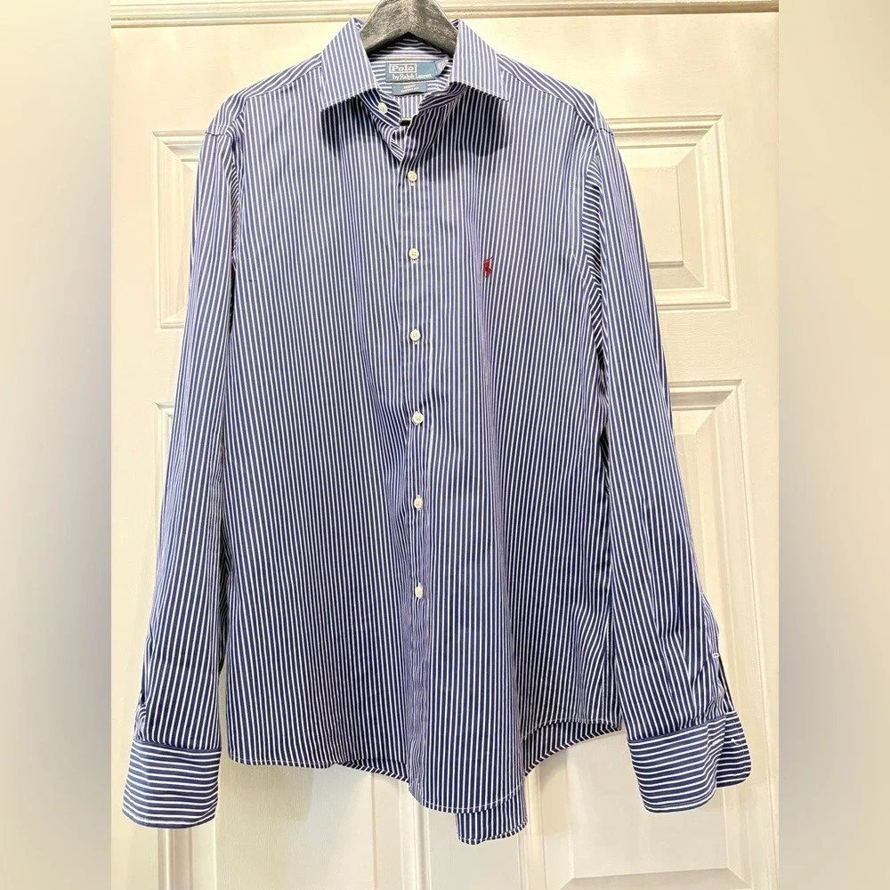 Polo Ralph Lauren Regent Custom Fit Striped Shirt Mens 17 Blue White Long Sleeve
